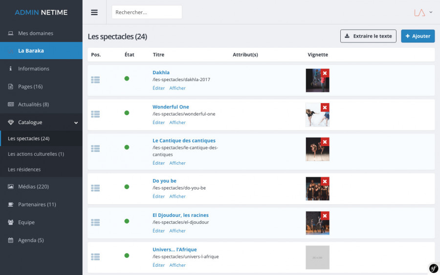 Exemple d'une page de l'interface d'administration Netime.